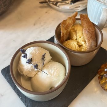 Corbeaux Wine & Tea House - Lavender ice cream on the left and banana foster ice cream on the right - Wine Bars Near Me - Temecula, California