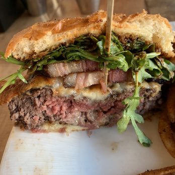 Nosh - Bacon Cheeseburger Medium Rare (look at the thick slices of bacon) - New American Near Me - Rochester, New York Nosh - Bacon Cheeseburger Medium Rare (look at the thick slices of bacon) - New American Near Me - Rochester, New York