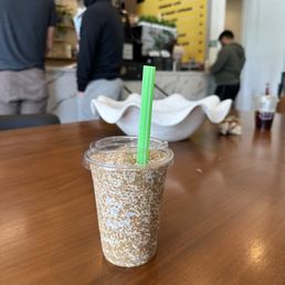 The popular frozen tahini cold brew ($9) The popular frozen tahini cold brew ($9)