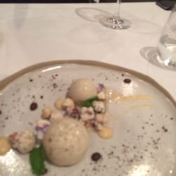 Noosa Waterfront Restaurant - Zabaglione Pannacotta. Coffee dusted Vanilla Pannacotta. Zabaglione, Lychees Puree, Pralines