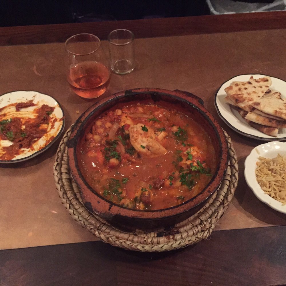 Tara Kitchen - Chicken with Chickpeas and Apricot sauce, Spicy Harissa (that is almost gone it's so good!!), and a tasty Rose Wine. - Moroccan Near Me - Schenectady, New York Tara Kitchen - Chicken with Chickpeas and Apricot sauce, Spicy Harissa (that is almost gone it's so good!!), and a tasty Rose Wine. - Moroccan Near Me - Schenectady, New York