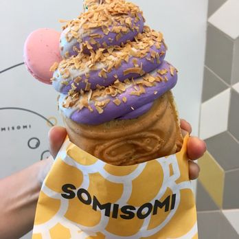 Somisomi - Milk Tea & Ube Swirl w/ custard filling, coconut shreds, and macaroon - Desserts Near Me - Cupertino, California Somisomi - Milk Tea & Ube Swirl w/ custard filling, coconut shreds, and macaroon - Desserts Near Me - Cupertino, California