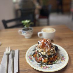 Moss and Milk - Portobello Mushroom Cap Feature - apricot, tomato, cucumber salad - apricot basil goat cheese, tahini honey drizzle - smoked salmon