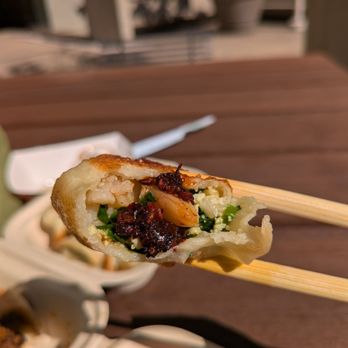 Today Food - Shrimp Chive Organic Egg Pot Stickers with their amazing Spicy Sauce - Chinese Near Me - San Francisco, California Today Food - Shrimp Chive Organic Egg Pot Stickers with their amazing Spicy Sauce - Chinese Near Me - San Francisco, California