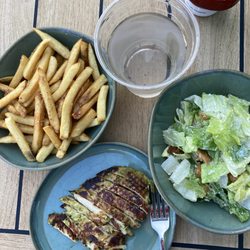 Side of grilled chicken, Caesar salad, fries