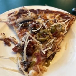 Slice of GF pizza with mushrooms, bacon, and green olives. Slice of GF pizza with mushrooms, bacon, and green olives.