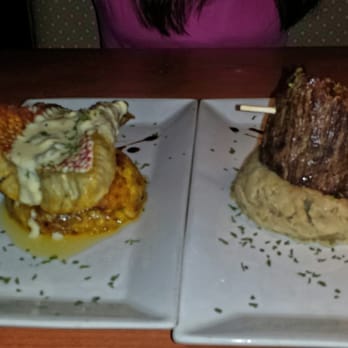 Platos - Red snapper filet over mashed sweet plantains drizzled with some sort of pepper sauce; churrasco meat with mashed potatoes - Latin American Near Me - Carolina, Puerto Rico Platos - Red snapper filet over mashed sweet plantains drizzled with some sort of pepper sauce; churrasco meat with mashed potatoes - Latin American Near Me - Carolina, Puerto Rico