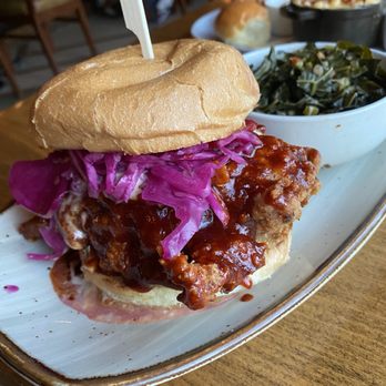 The Monroe - Fried chicken sandwich with "spicy" upcharge, coconut collard greens - New American Near Me - Orlando, Florida