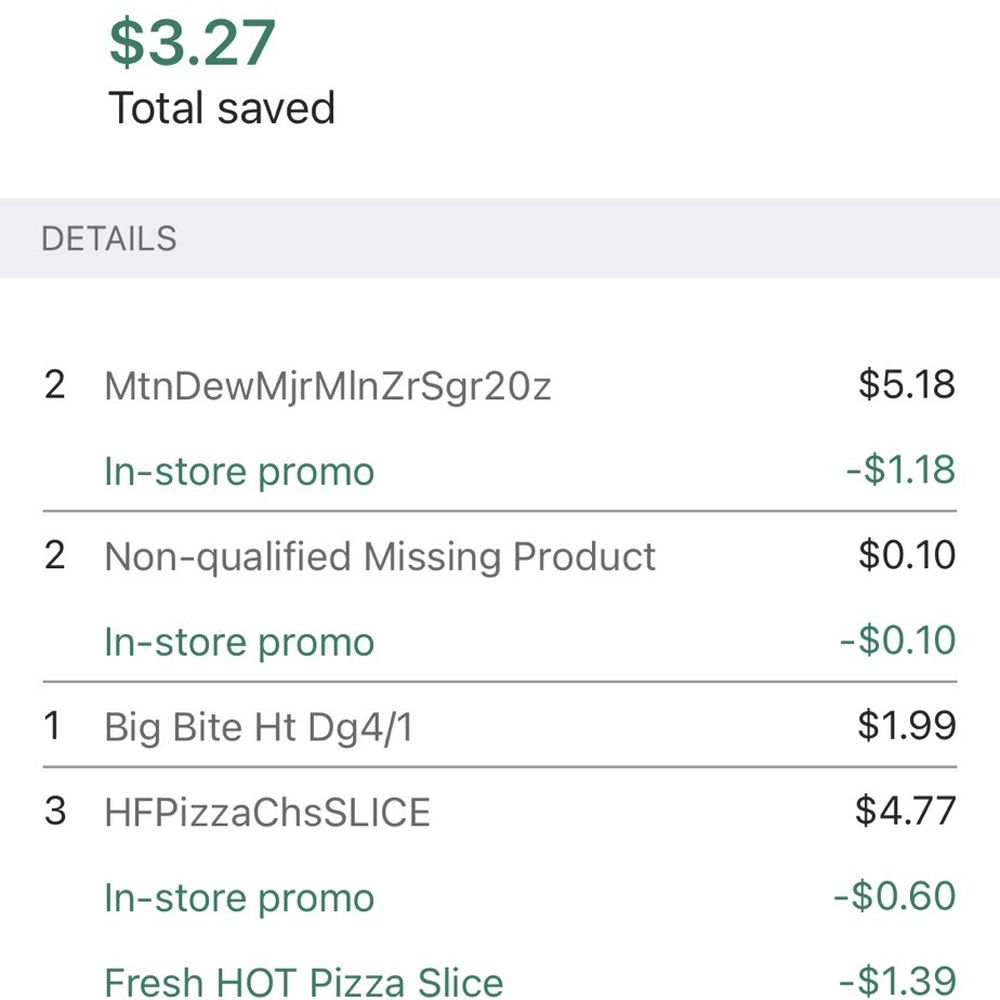 Used in store promo on 2 pizzas and used 1k points for a slice of pizza when it's a 3 for $3 deal