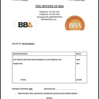 Movers of BBA - 3rd invoice - Movers Near Me - Montgomery, Alabama