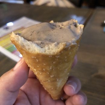 Sweet Cow - Pretzel cone innards. It is kinda hard, gotta be strategic about those bites. It isn't like a thin waffle cone that snaps. - Desserts Near Me - Aurora, Colorado