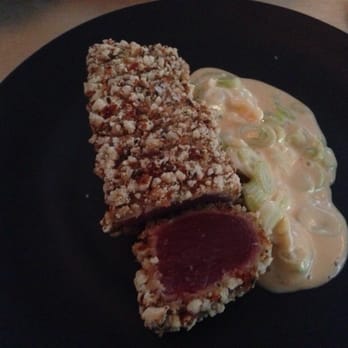 Perry St - Rice Cracker Crusted Tuna with Sriracha-Citrus Emulsion - New American Near Me - New York, New York Perry St - Rice Cracker Crusted Tuna with Sriracha-Citrus Emulsion - New American Near Me - New York, New York