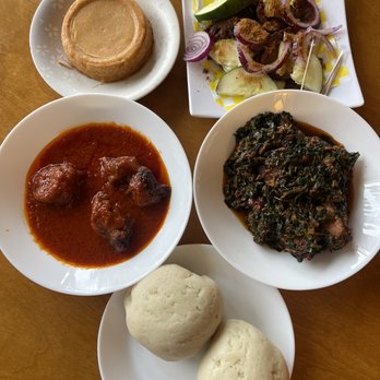 African Cuisine - Top left going clockwise: moi Bread Moimoi, Nigerian Suya, spinach stew Eforiro, Fufu, Banga - African Near Me - Pittsburgh, Pennsylvania