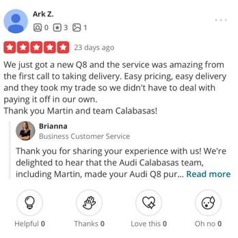 Audi Calabasas - Screenshot of now-removed review from dealership's sales manager. - Car Dealers Near Me - Calabasas, California