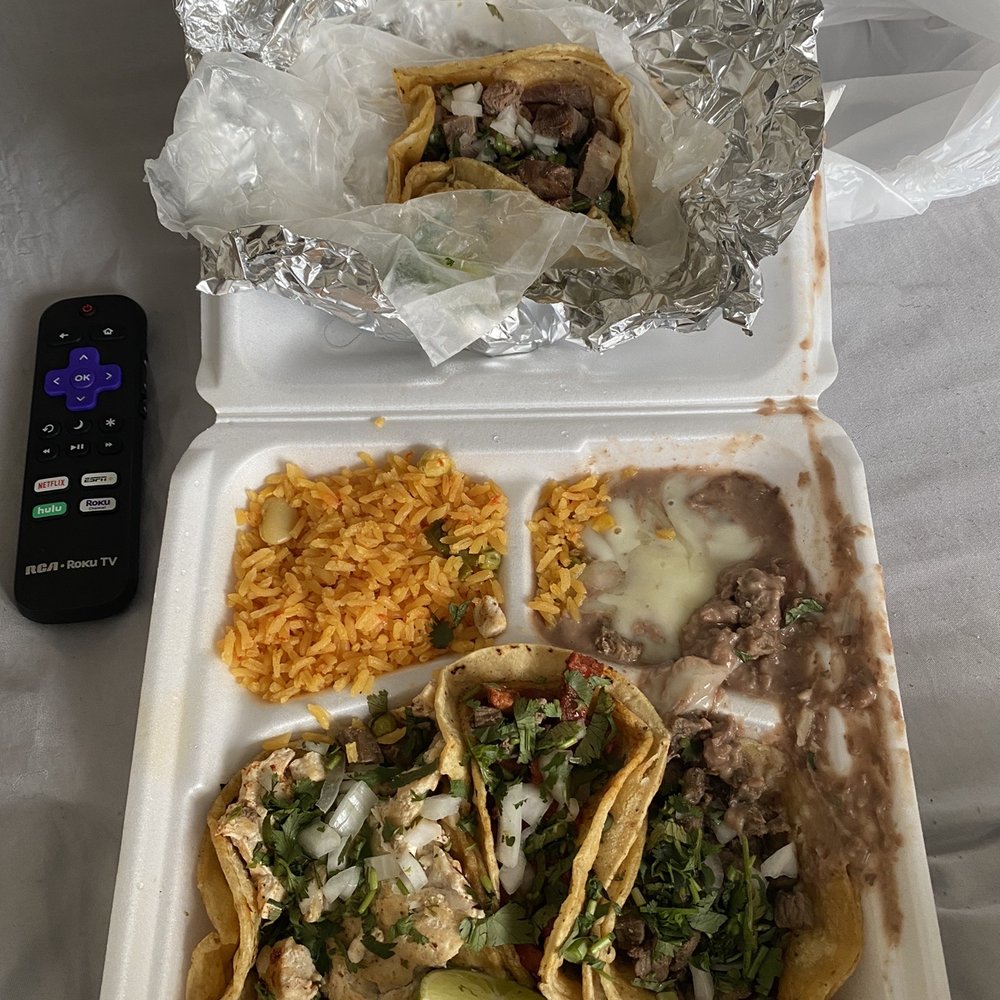 Taco dinner. One chicken, one steak , one al pastor, and one lengua (beef tongue). Taco dinner. One chicken, one steak , one al pastor, and one lengua (beef tongue).