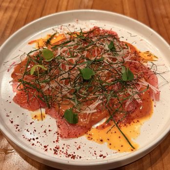 Oken - MAGURO CARPACCIO - big eye tuna, radish, white onion, perilla, yuzu kosho oil, chojang, kizami nori $18 - Japanese Near Me - Oakland, California