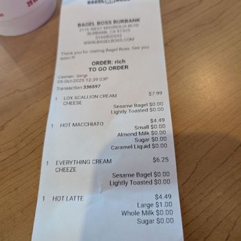 Bagel Boss - Receipt - Bagels Near Me - Burbank, California Bagel Boss - Receipt - Bagels Near Me - Burbank, California