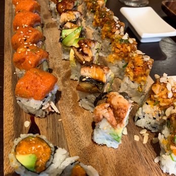 Sushi Prince - Left to right: geisha roll, dragon roll, and spicy spider. In the bottom left corner: spicy salmon - Japanese Near Me - Fairfax, Virginia