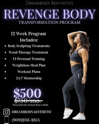 Revenge Body 12 Week Program $500 - Body Sculpting, Wood Therapy, Personal Training, Weight Loss Meal Plan, Workout Plans, Mentorship