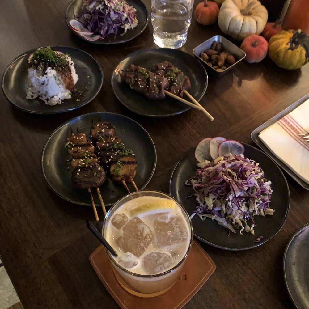 Roselle Bar & Lounge - Two orders of slaw, beef skewer and mushroom skewer. Plate of seasoned rice. - Bars Near Me - Chico, California