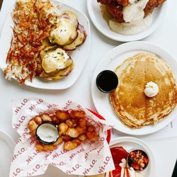 Hi-Lo Diner - Spread of Breakfast Foods - Gary Cooper, Eggs Benedict, Pancakes, Burrito, and Spicy Cheese Curds