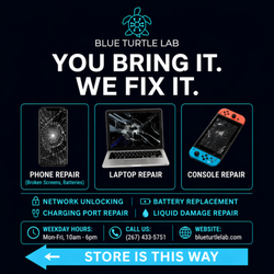 Blue Turtle Lab - Phone, laptop, console, network, battery, charging port, and liquid damage repair services at Blue Turtle Lab in Center City Philadelphia.