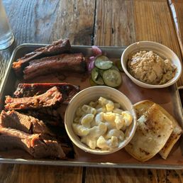 Ribs, brisket, potato salad, mac
