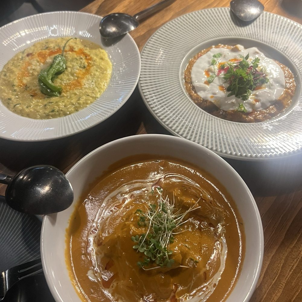 Fitoor - RAJASTHANI KADHI RISOTTO (left top) REINVENTED PANEER LABABDAR (right top) FITOOR BUTTER CHICKEN (bottom middle) - Lounges Near Me - San Jose, California