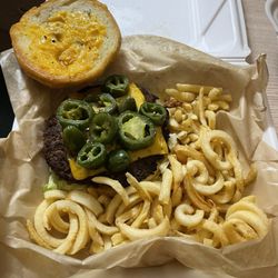 Round Top Burgers And Pizza - Jalapeño burger with curly fries