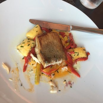 Midtown Grill - Grilled Perch that was the catch of the day with delicious croquettes on a bed of capsicums - Steakhouses Near Me - Berlin, BE