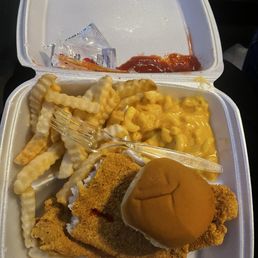 Fried fish, fries, roll & Mac n cheese Fried fish, fries, roll & Mac n cheese