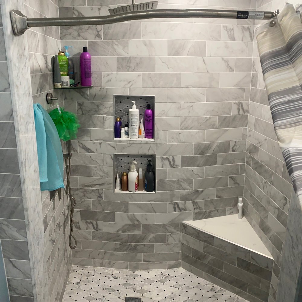 Vision Home Renovations - Small master bath where closet was removed to make space for a larger shower. A rain head shower was installed. - Carpenters Near Me Vision Home Renovations - Small master bath where closet was removed to make space for a larger shower. A rain head shower was installed. - Carpenters Near Me
