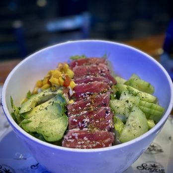 Sagos Tavern - Seared Ahi Tuna Salad , seared sashimi grade ahi tuna, blend of mixed greens, avocado,cucumber , mango salsa and wasabi vinaigrette. - Bars Near Me - Las Vegas, Nevada Sagos Tavern - Seared Ahi Tuna Salad , seared sashimi grade ahi tuna, blend of mixed greens, avocado,cucumber , mango salsa and wasabi vinaigrette. - Bars Near Me - Las Vegas, Nevada