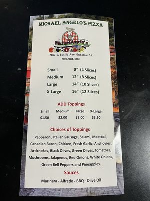 Menu photo 1 Michael Angelo's Pizzaria Ontario, CA Menu photo 1 Michael Angelo's Pizzaria Ontario, CA