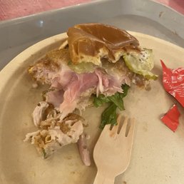 Fried chicken sandwich. As you can see the entire center of the chicken is raw.