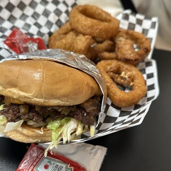 Chef Jeff’s Smash Burger - Single smash burger with no pickles and onion rings - Burgers Near Me - Antioch, California