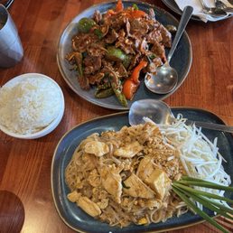 Bottom: pad Thai | Top: Red Chili Beef Bottom: pad Thai | Top: Red Chili Beef