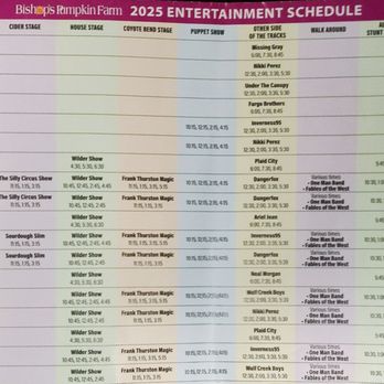 Bishop's Pumpkin Farm - 2025 Entertainment Schedule from the brochure/map provided at the farm. - Christmas Trees Near Me - Wheatland, California