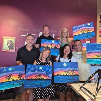 Painting with a Twist - More completed art with our host in the back row. - Art Classes Near Me - Las Vegas, Nevada Painting with a Twist - More completed art with our host in the back row. - Art Classes Near Me - Las Vegas, Nevada