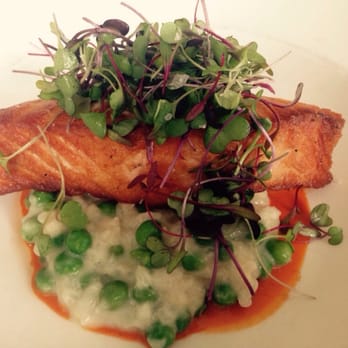 Metro Bis - Pan seared salmon with pea risotto and micro greens - so delicious!! - New American Near Me - Simsbury, Connecticut Metro Bis - Pan seared salmon with pea risotto and micro greens - so delicious!! - New American Near Me - Simsbury, Connecticut