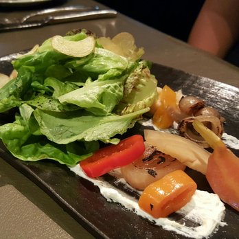 La Toque - Chef's garden salad with chicories, heirloom radishes, turnip, taro crisps, shaved pecans, and apple cider vinaigrette - French Near Me - Napa, California La Toque - Chef's garden salad with chicories, heirloom radishes, turnip, taro crisps, shaved pecans, and apple cider vinaigrette - French Near Me - Napa, California