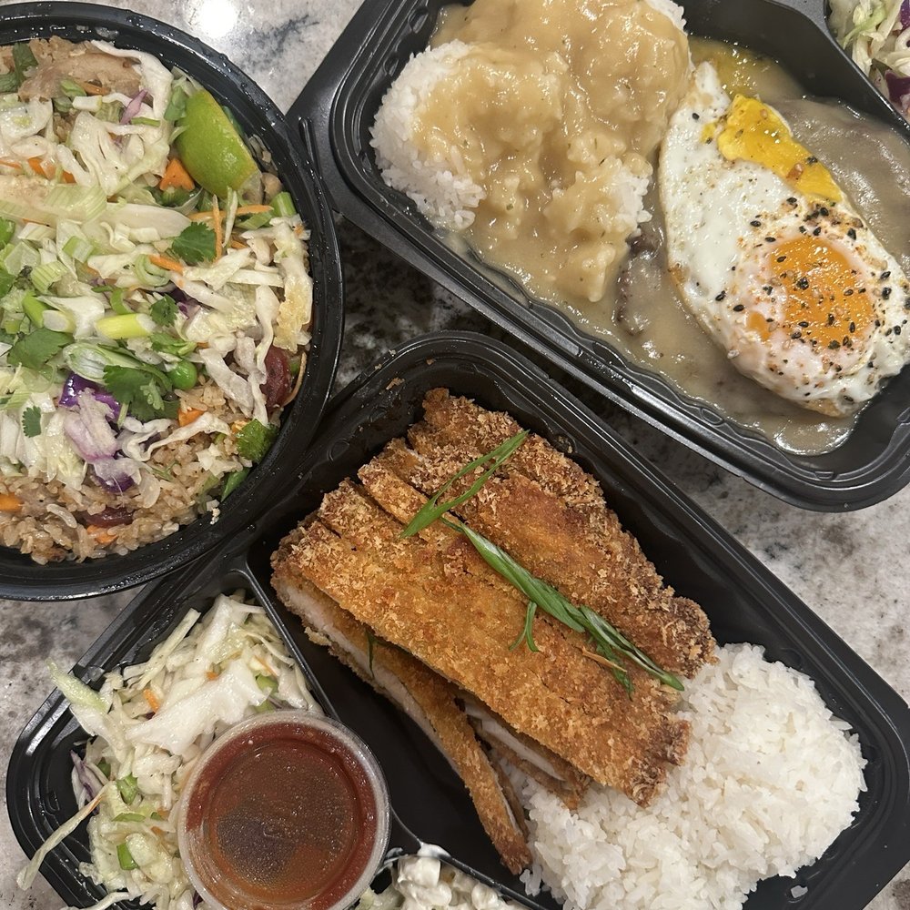 Garlic Fried Rice, Buttermilk Fried Chicken Katsu, and Loco Mocos - yummm! Garlic Fried Rice, Buttermilk Fried Chicken Katsu, and Loco Mocos - yummm!