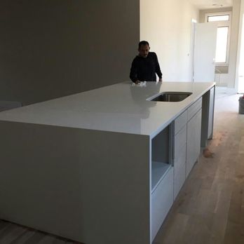 Custom Stone Granite & Marble - 3cm White Quartz island 120" x 62" with waterfall edge on both sides. - Countertop Installation Near Me - Dallas, Texas
