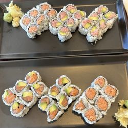 Top: Spicy tuna, tuna avocado, yellowtail avocado Bottom: salmon avocado, spicy tuna