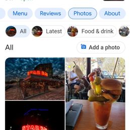 Bloody I came for... - Images show the exterior of Star Bar in Austin, TX, with neon signage, and interior photos featuring food and beverages.