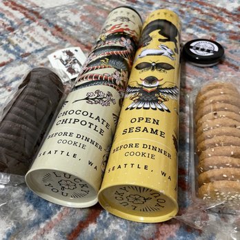 Bite Society - Chocolate Chipotle and Open Sesame cookie tins. Two stacks of cookies in each tin. Love the tin designs and got a temp tattoo in one too - Gift Shops Near Me - Seattle, Washington Bite Society - Chocolate Chipotle and Open Sesame cookie tins. Two stacks of cookies in each tin. Love the tin designs and got a temp tattoo in one too - Gift Shops Near Me - Seattle, Washington