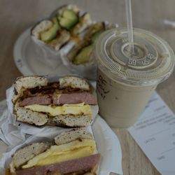 Labyrinth - Spam egg and cheese on an everything bagel & avocado, bacon bagel