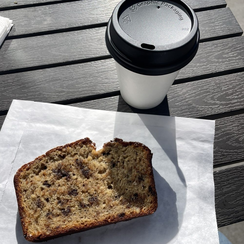 banana bread and oatmilk cortado
