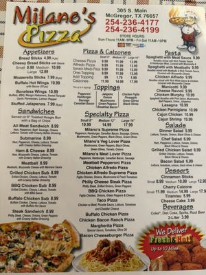 Menu photo 1 milanos pizza McGregor, TX Menu photo 1 milanos pizza McGregor, TX