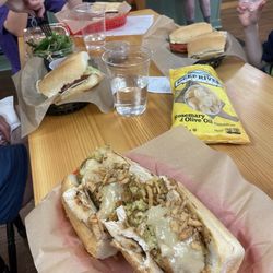 NoBo - The Pilgrim in front, with kid's sandwiches (whole) and a half Sinatra with salad on the left
